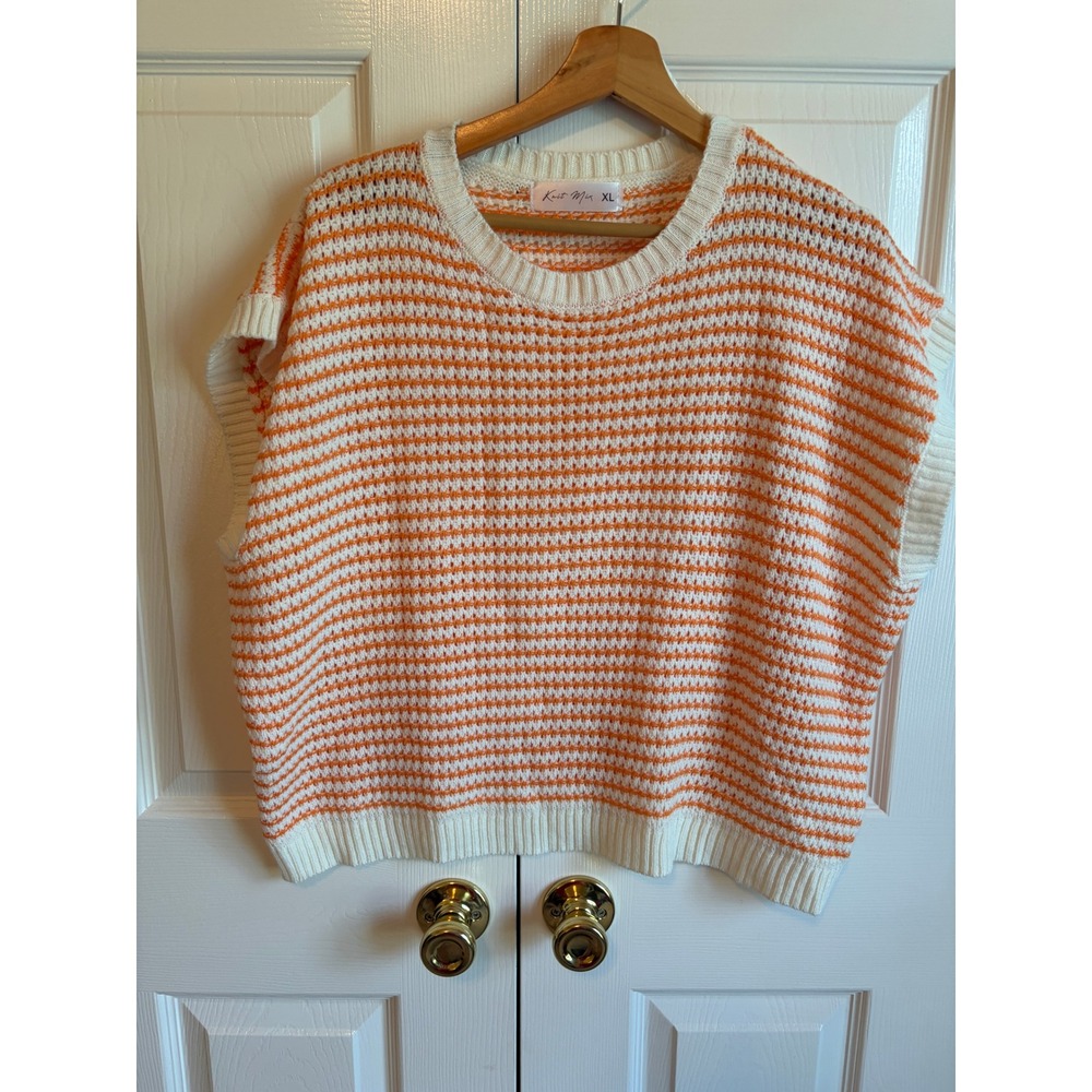 Knit Mix Womens XL Orange White Striped Sleeveless Sweater Vest Soft Open Knit